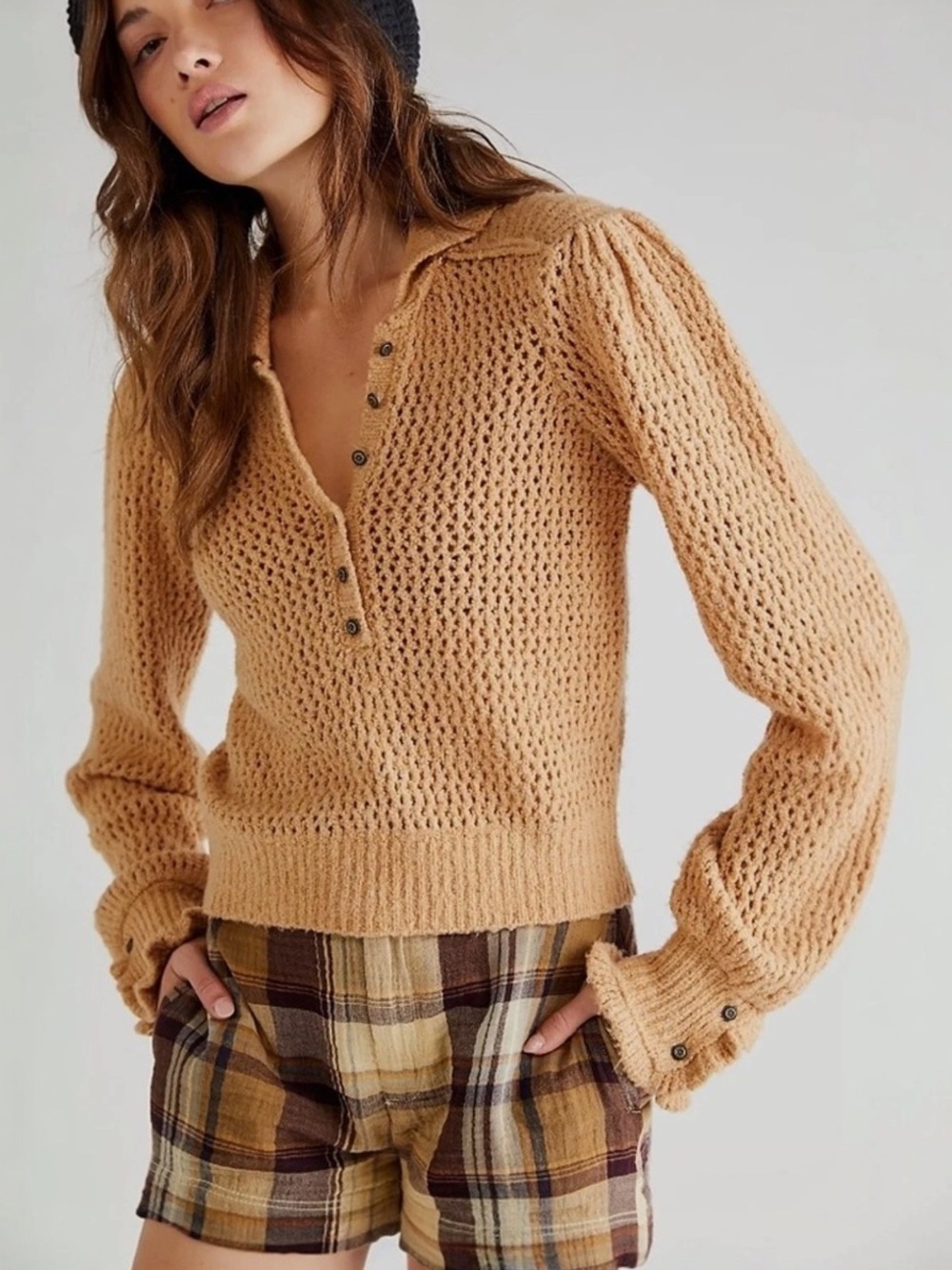 Free People Snowdrift Henley Sweater Camel Open Knit Boho M